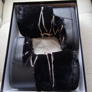 Black Faux Fur Platform Boots with Metallic Laces